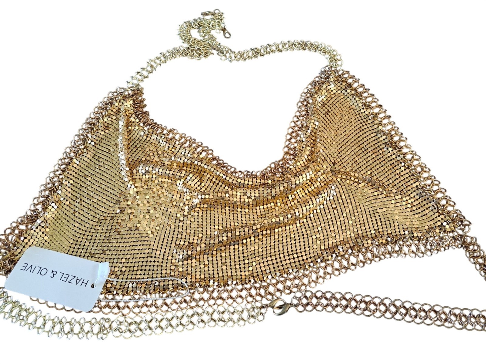 New Hazel & Olive Gold Metal Mesh Halter Crop Top Chain Gypsy Festival 70’s S