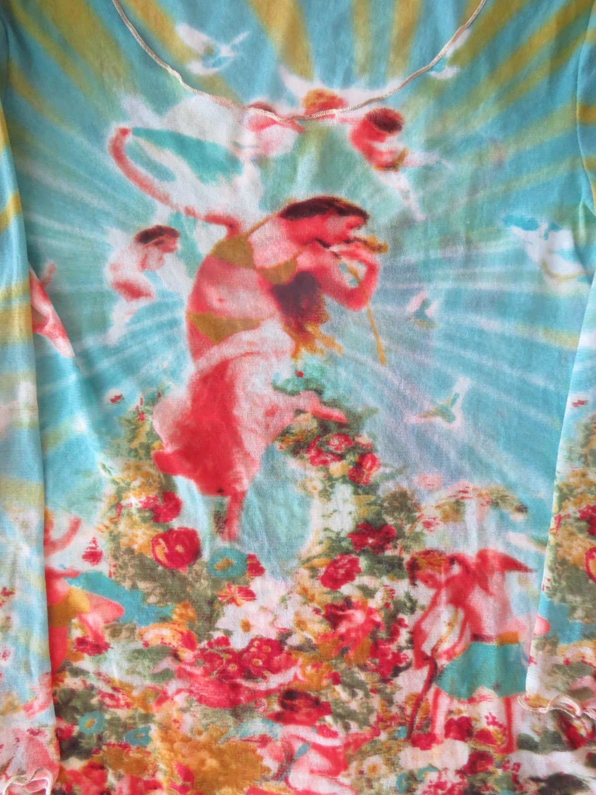 Vintage 2000s Cherub Print Sheer Knit Top, Floral, Gold Lettuce Edge, Nice