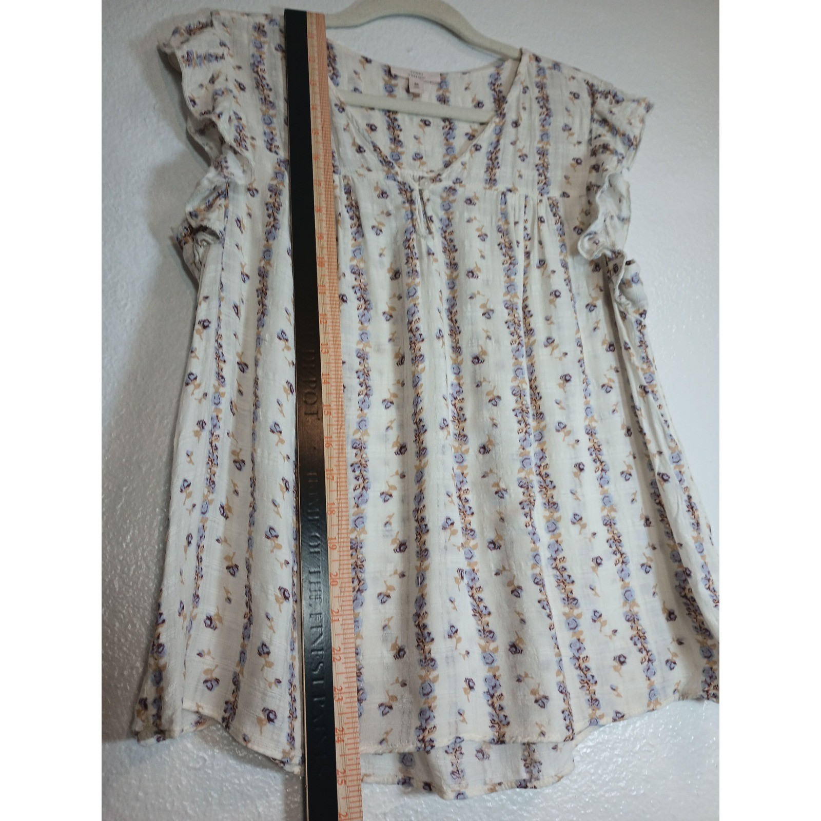 Como Vintage Floral Stripe Flutter Sleeve Gauze Blouse Cream Lavender M
