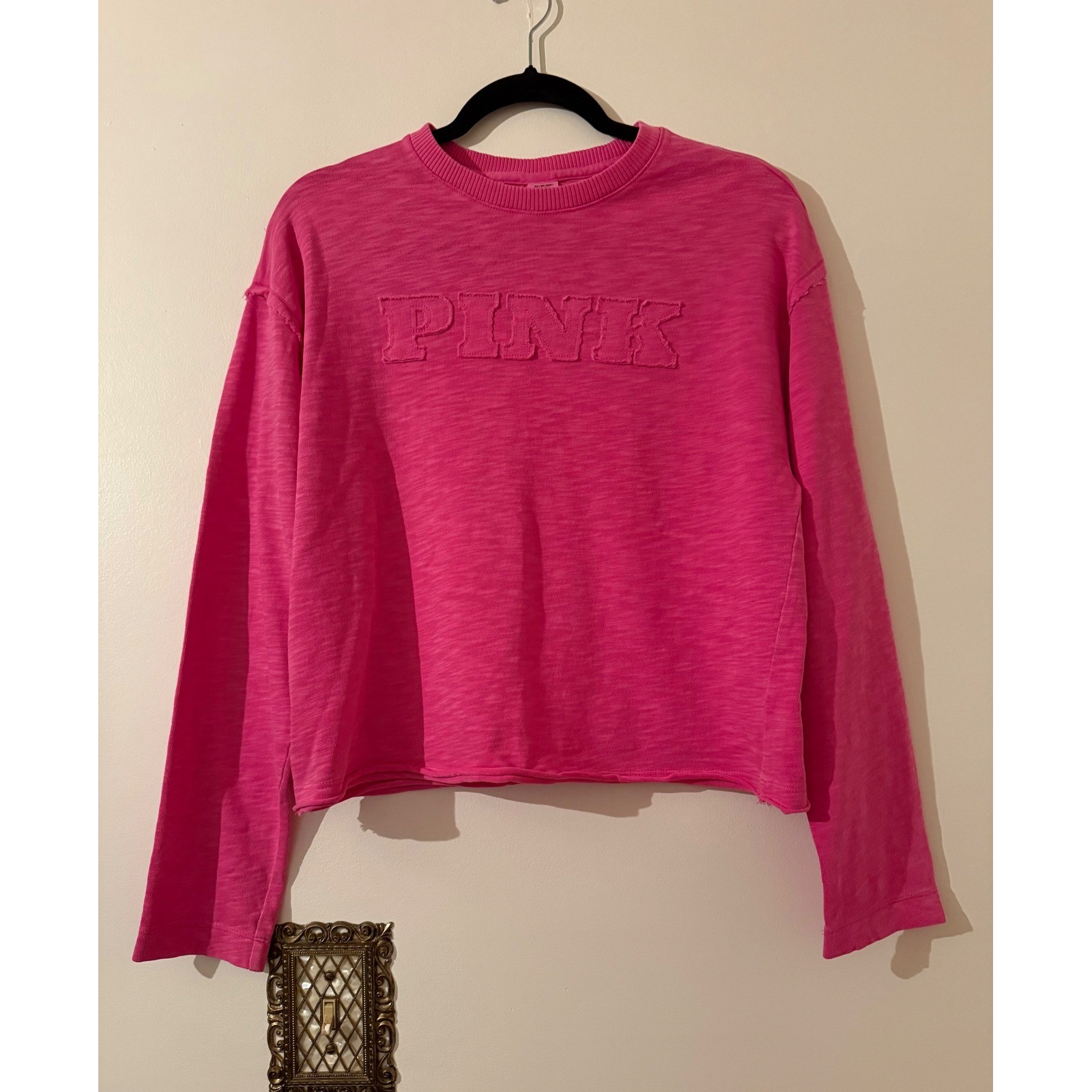 PINK Victoria’s Secret Oversized Long Sleeve Slub Knit Raw Hem Logo Hot Pink XS
