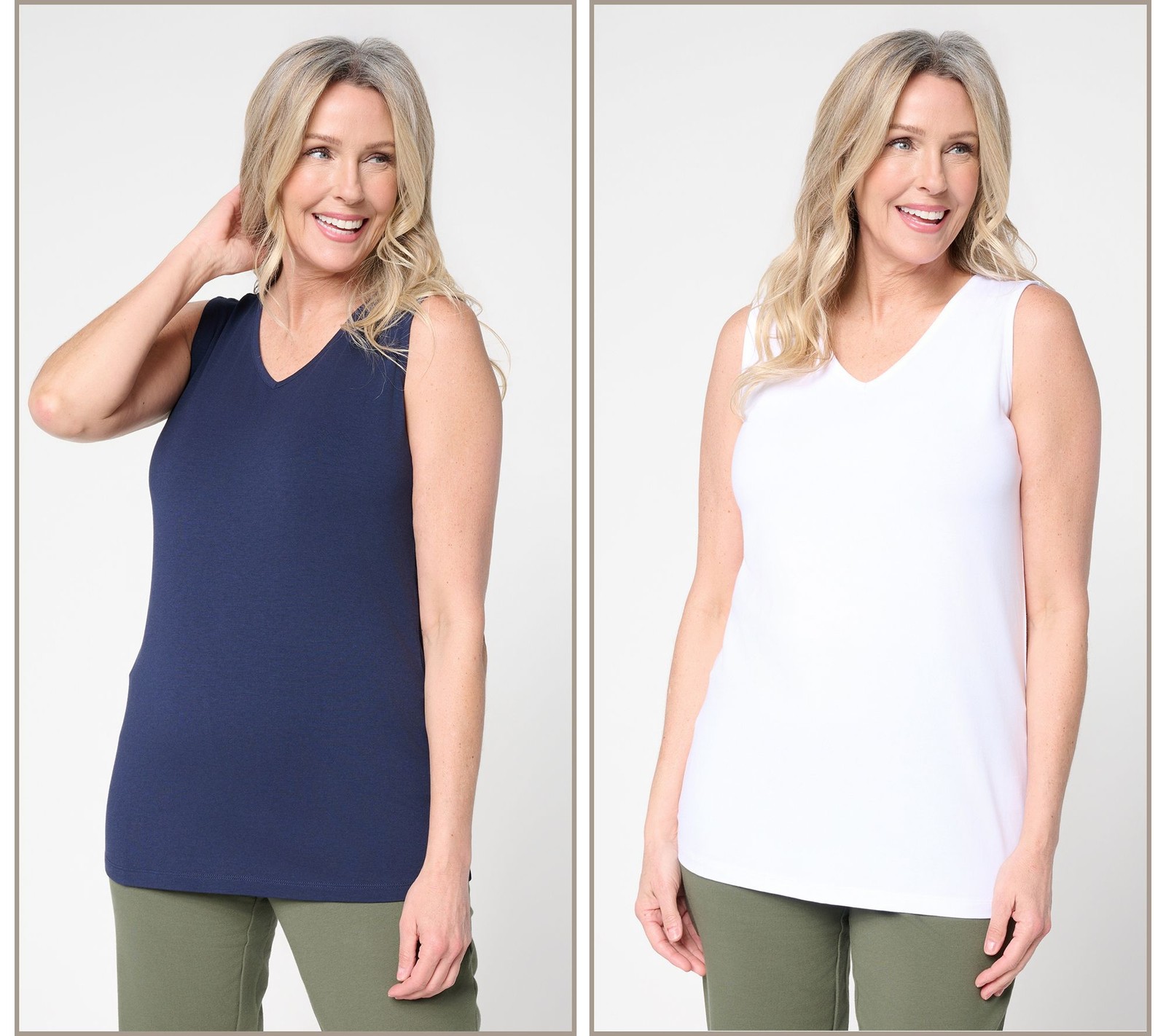 Denim & Co. Essentials 2 Pack So Soft Jersey V-Neck Tank Tops Navy/White 2X New