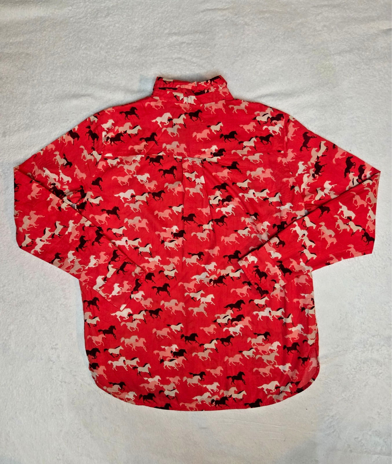 LOFT Shirt Womens Small Red Cotton Long Sleeve Horse Print Button Up Equestrian