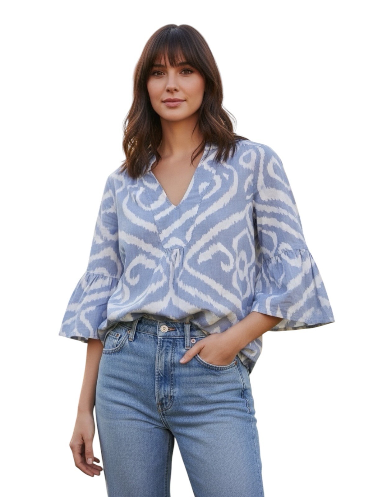 By Anthropologie Boho Ikat Print Peasant Blouse M Blue White 3/4 Bell Sleeve Top