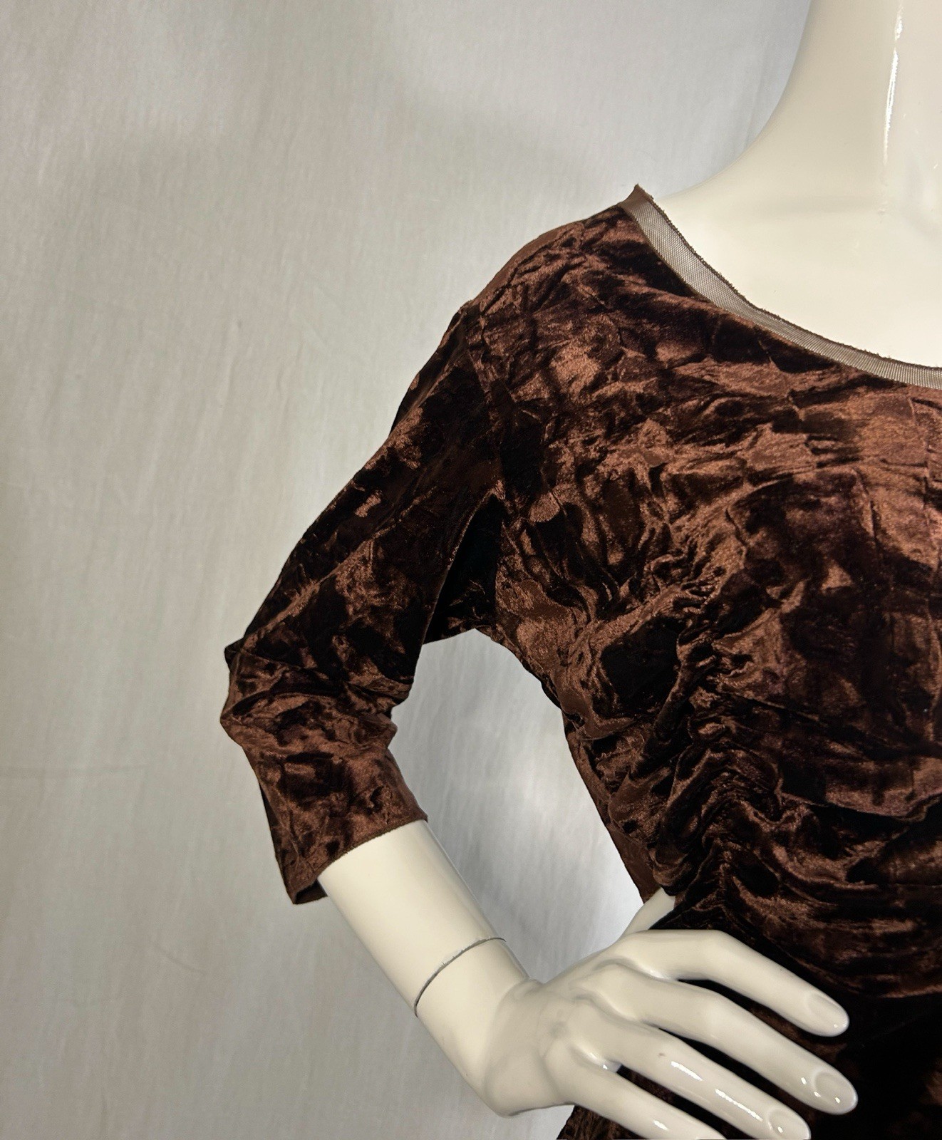 VTG Mob Wife 90s Velour Ruched Mesh Top XL Crushed Velvet Cinched Ruffled Gothic