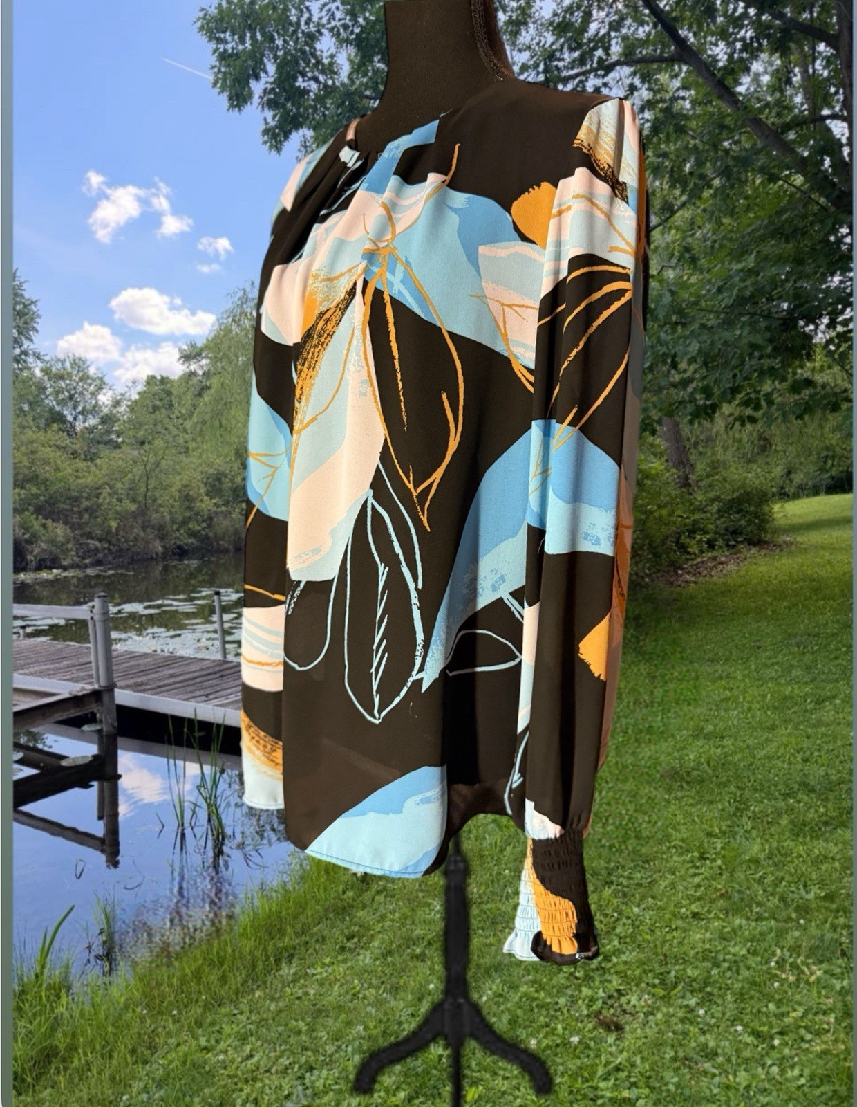 Black Floral Abstract Long-Sleeve Blouse with Blue & Tan Accents WORTHINGTON XL
