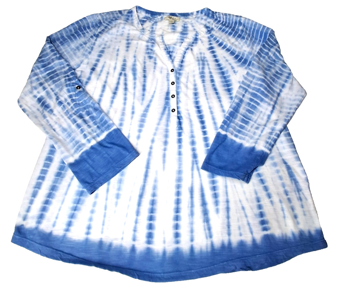 STYLE & CO. Womens Top SIZE L Long Sleeve Tie Dye Henley Multicolor Cotton