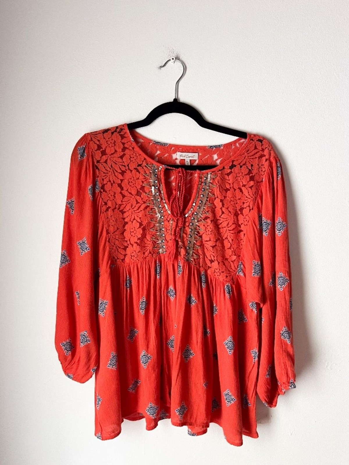 Red Camel Lace Boho Peasant Blouse Large Orange Embroidered Sequin Tassel Top