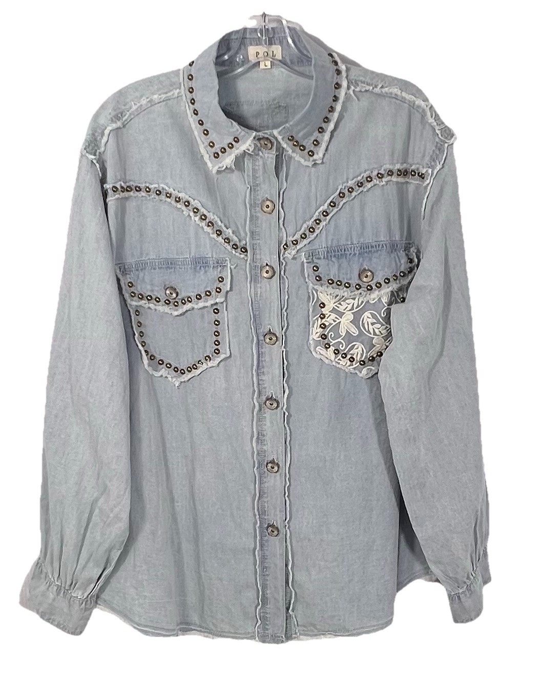 POL Womens XL Chambray Shacket Western Lace Studded Boho Raw Hem Oversized