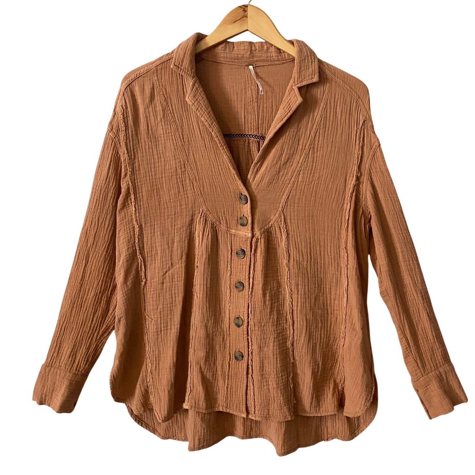 Free People Terracotta Sz Sm Cotton Gauze Button Down Raw Edge Blouse Oversized