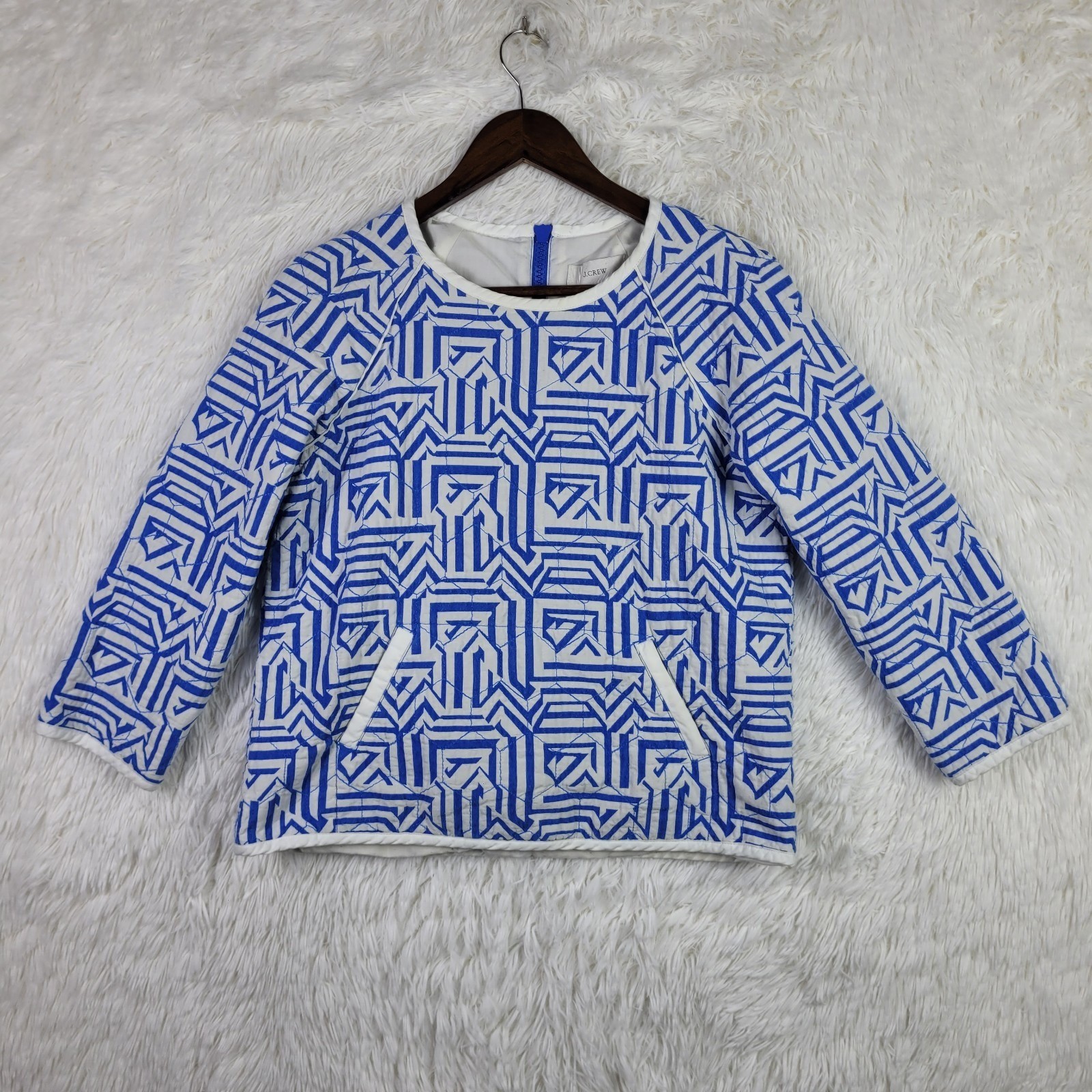 J.Crew Blue White Geometric Quilted Top 3/4 Sleeve Back Zip Womens 4