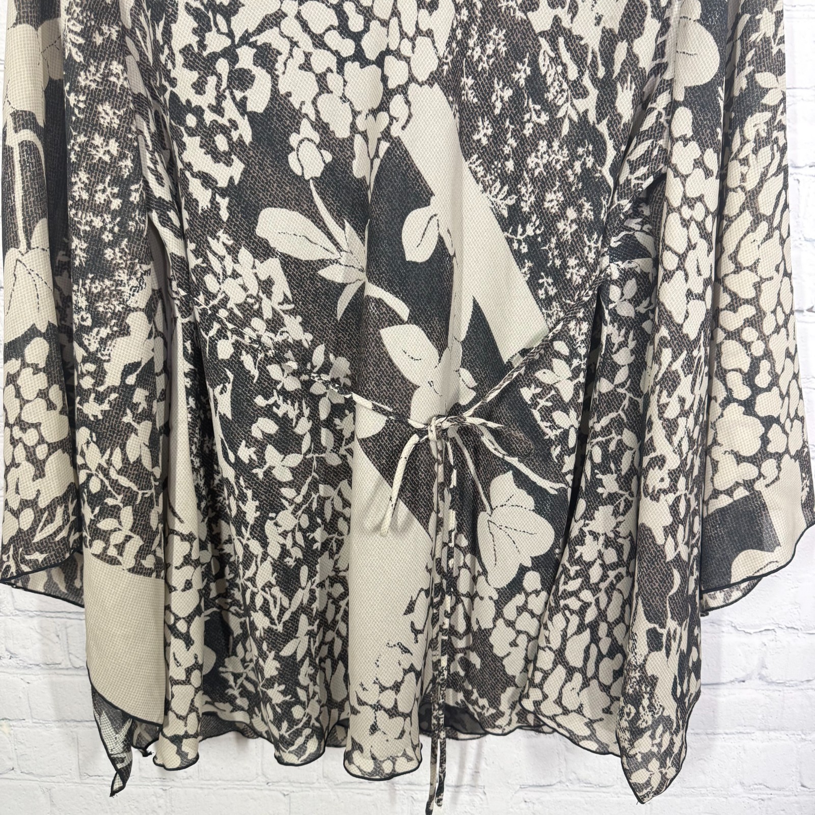 Y2K Romantic Faux Wrap Tunic Women Size 16 Patchwork Sheer Boho Wing Sleeve Top
