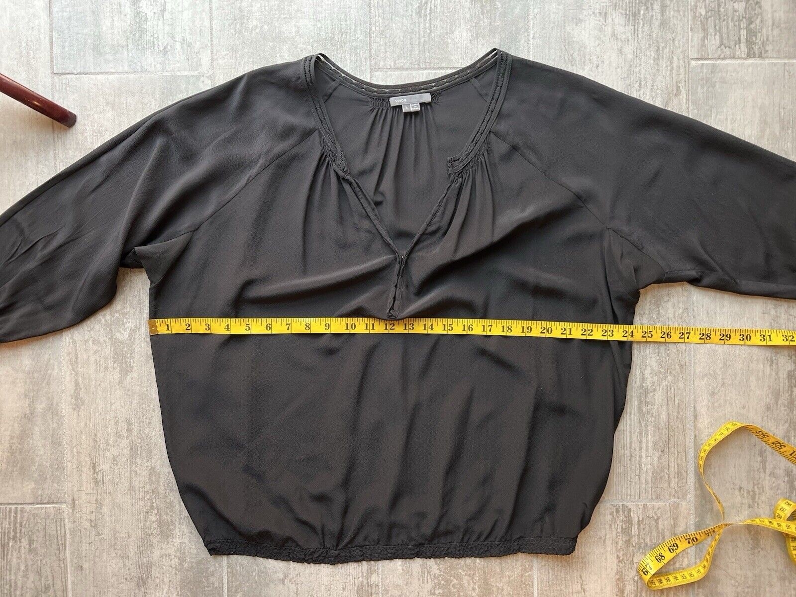 $295 VINCE Designer 100% Silk 3/4 Sleeve Dolman V Neck Blouse Top Black Chic L