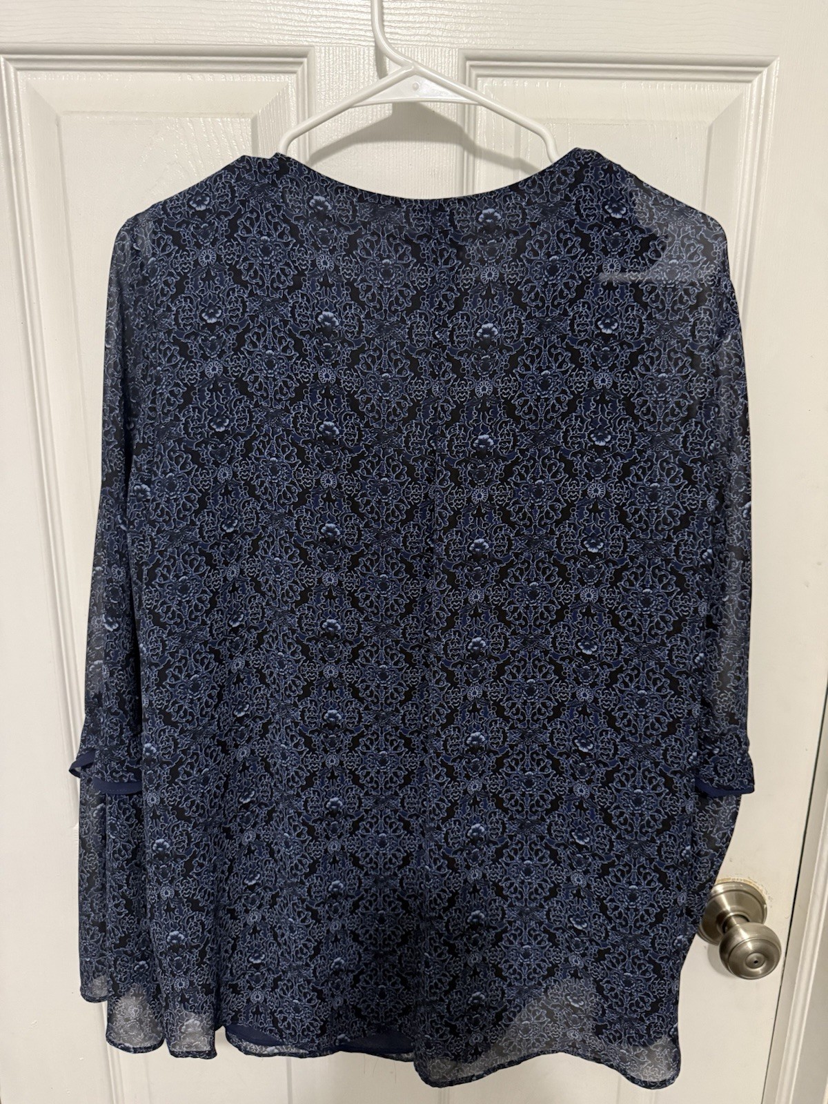 Belle Kim Graver Blouse Blue V-Neck Sheer Ruffle Sz 1X QVC