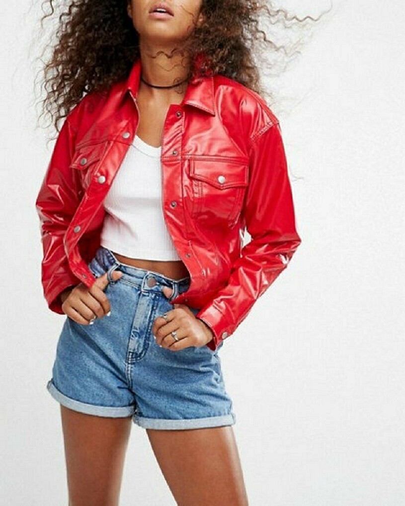 Vinyl Trucker Jacket Black/Red PVC Women’s Shiny PVC Vinyl Jacket/USA Seller