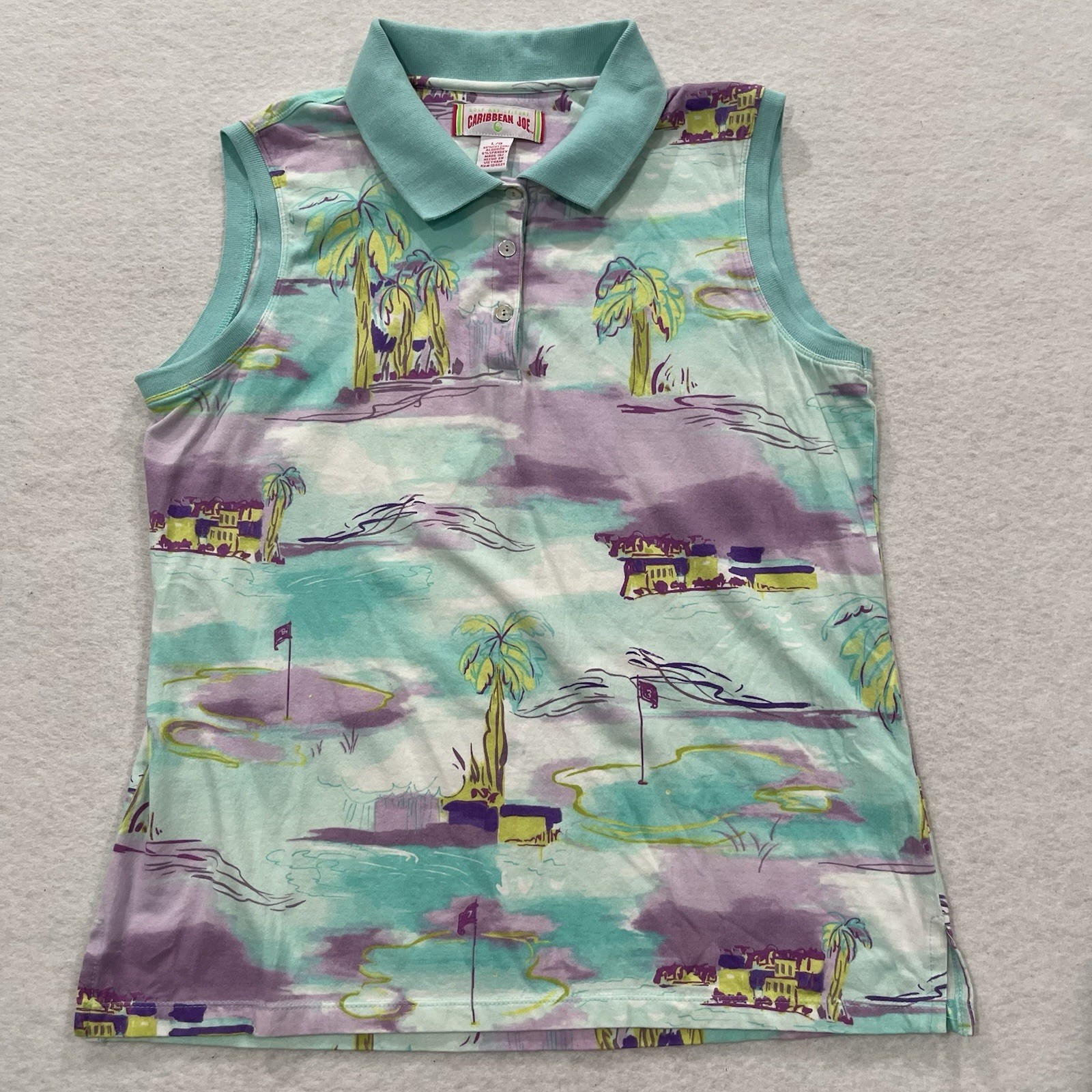 Caribbean Joe Sleeveless Tropical Floral Polo Blue Purple Beach Womens LG Resort
