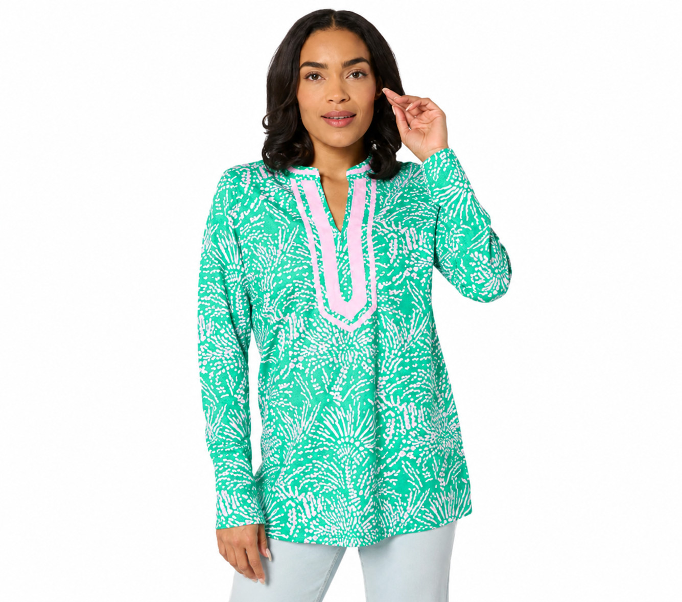 Bellisima by Kim Gravel Regular Cabana Knit Palm Trim Tunic: XS #14′