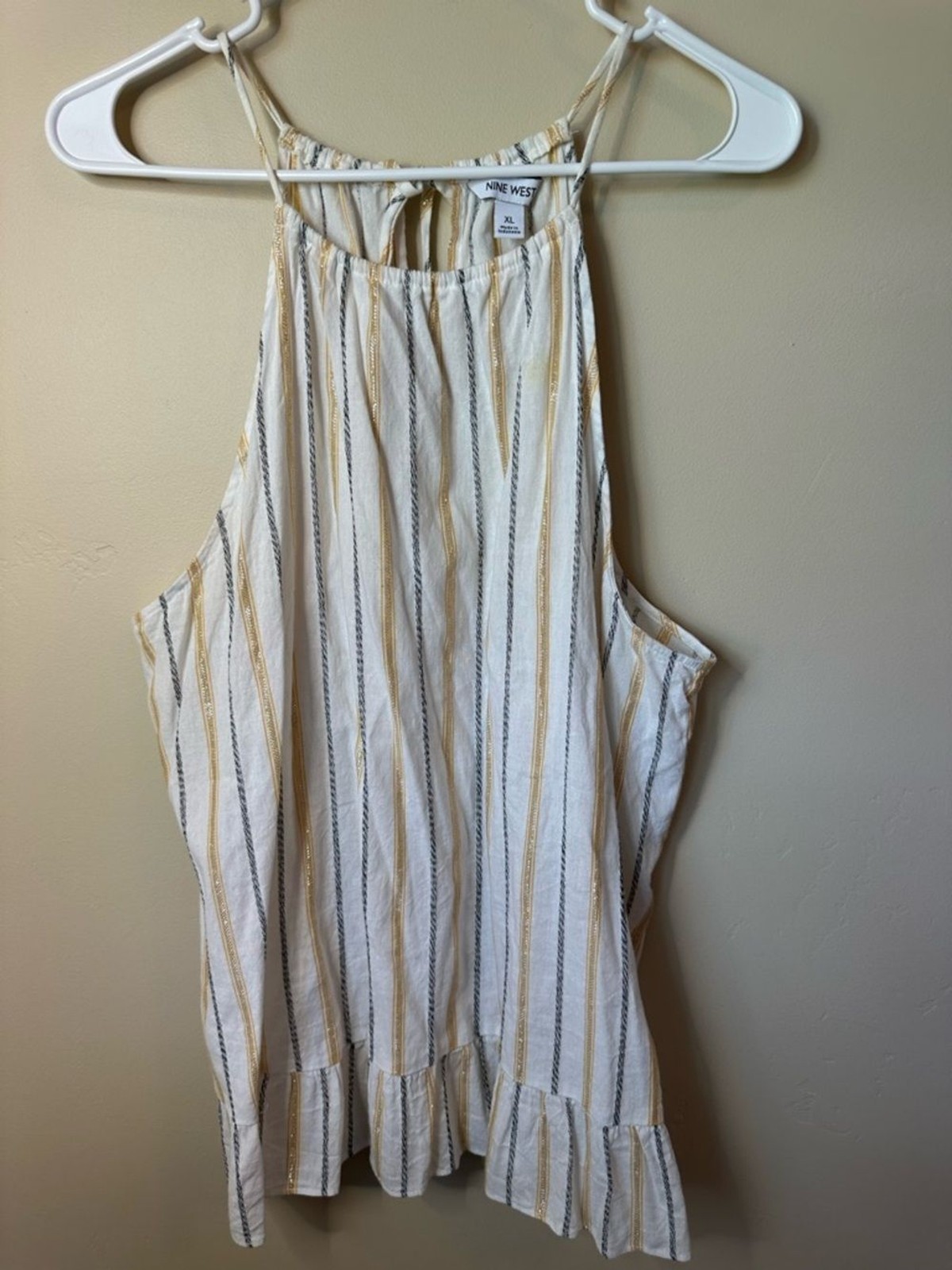 Nine West White Striped Ruffle-Hem Tank Top with Gold & Gray br P2P 23″ Len 27″