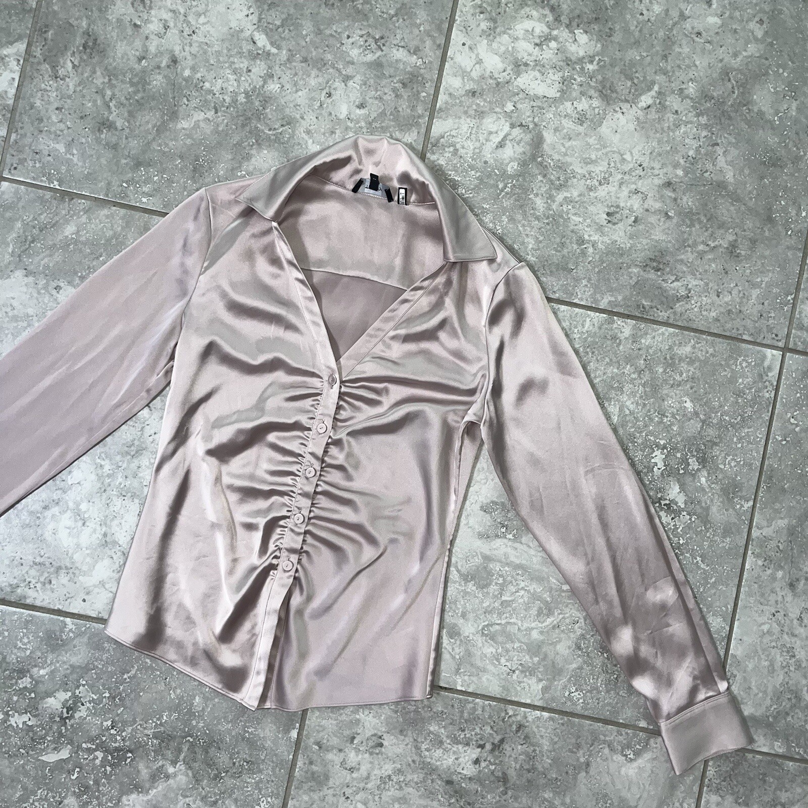 Theory Satin Ruched Long Sleeve Collared Button BD Shirt Blouse Petal Pink P