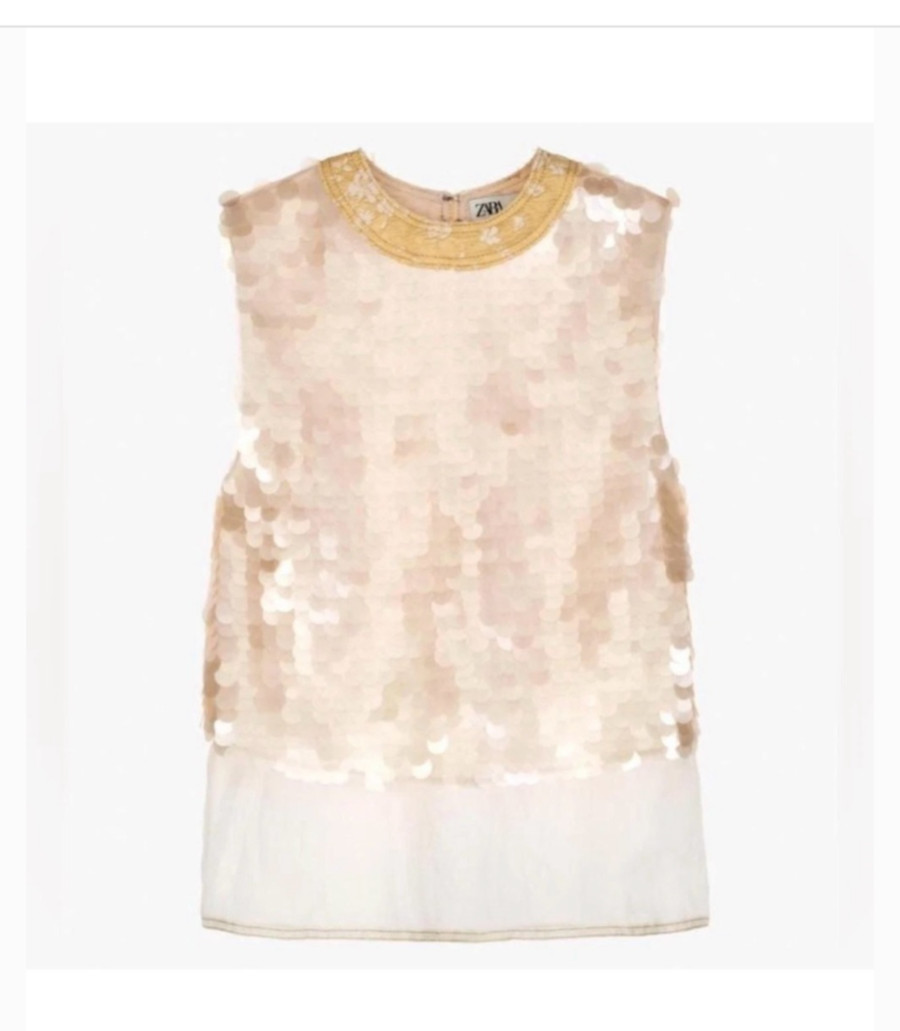 Zara Sleeveless Limited Edition Oyster-Cream Gause Gold Silk Sequin Top Blouse S