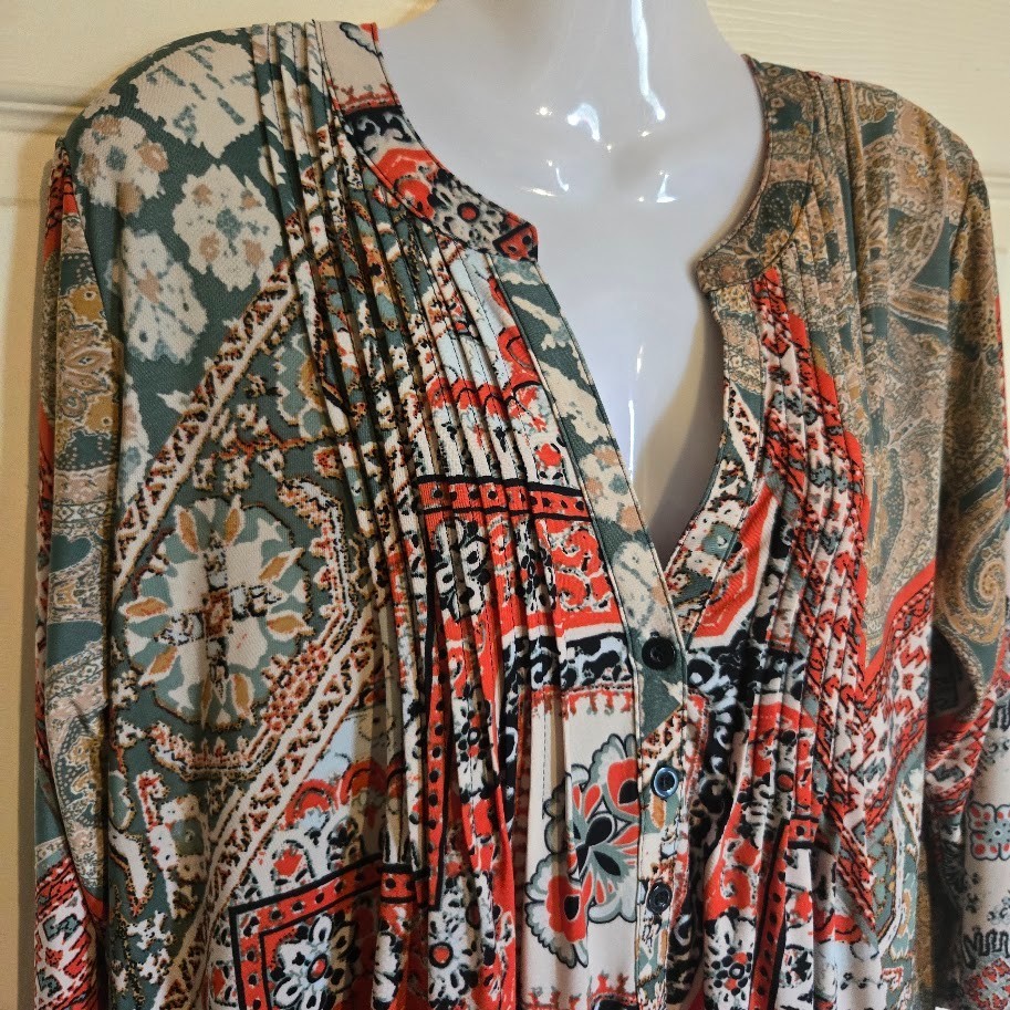 La Cera Pintuck Tunic 3/4 Sleeves Popover Stretch Multicolors Womens L