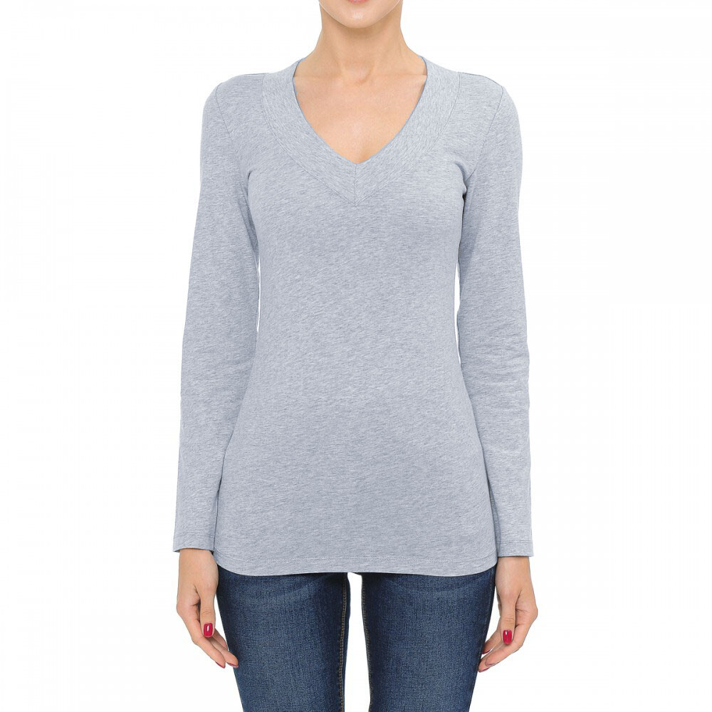 Ambiance Basic Jersey Cotton Wide Deep V-Neck Long Sleeve Casual Tee Shirt S-3X