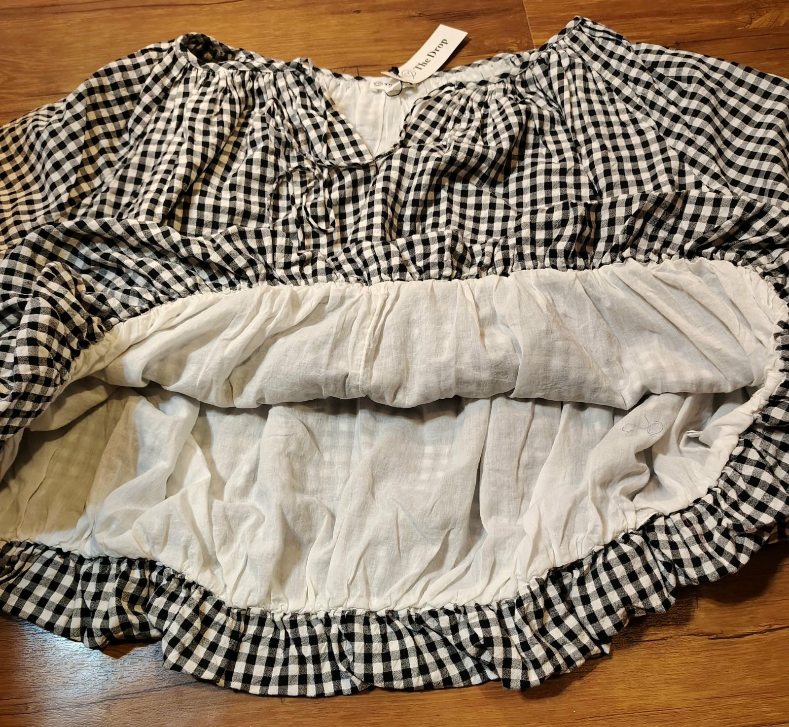 The Drop Womens Shirred Neck Cotton Bubble Hem Top Black/White Gingham XXL