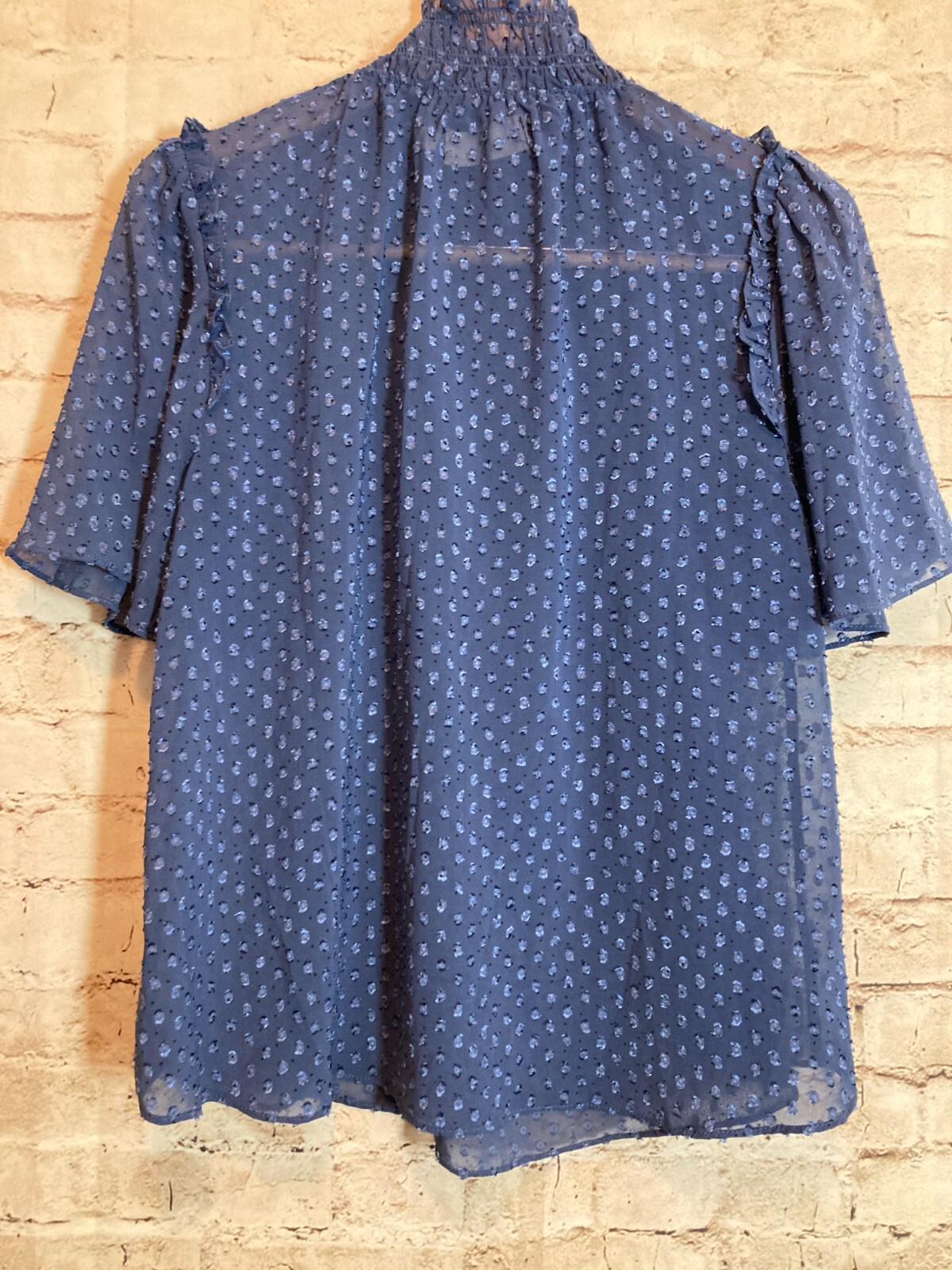 Everleigh Top Womens Small Midnight Blue Embroidered Polkas High Smock Neck