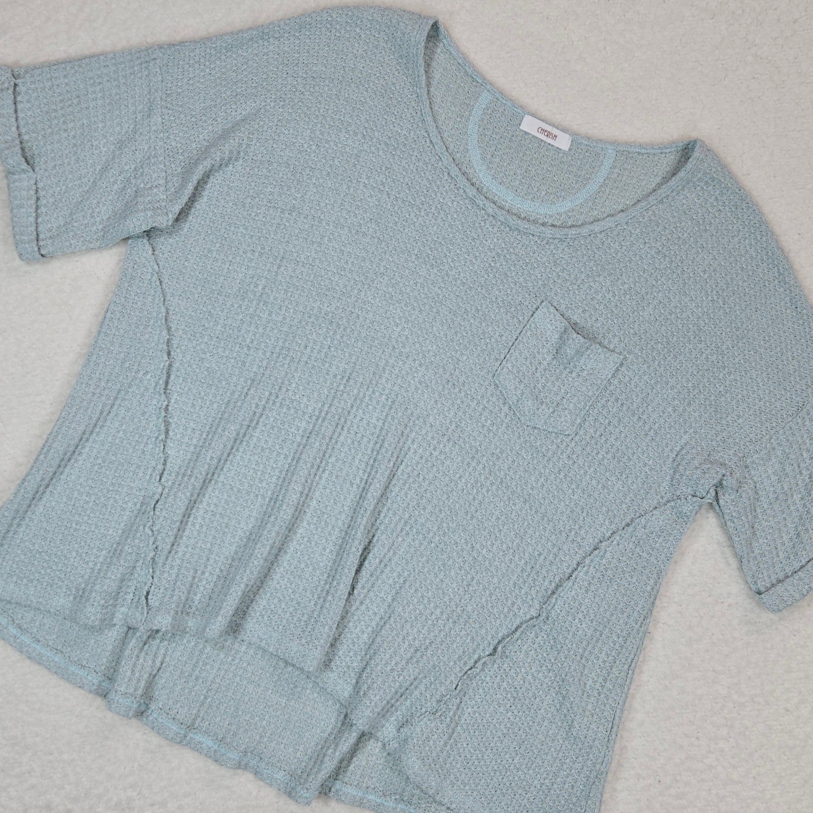 Cherish Waffle Knit Top Womens Small Blue Short Sleeve Pocket High Low Relaxed