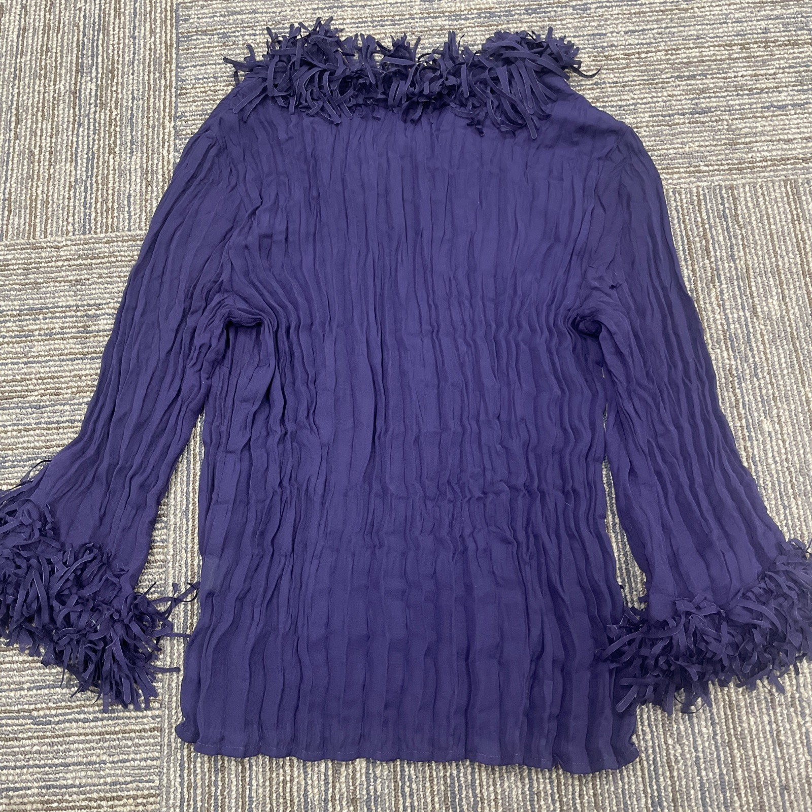 Agora Ladies Pleated Blouse Fringe Eggplant Purple 3/4 Sleeve Boho Luxe Petite M