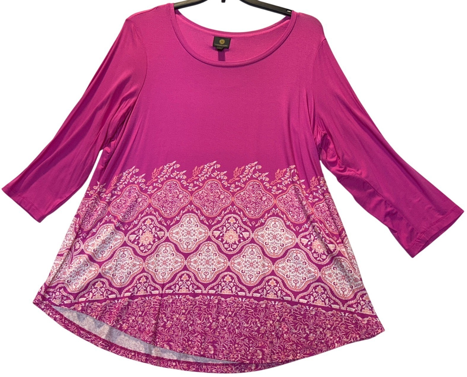 JM Collection Womens 2X Petunia Pink 3/4 Sleeve Top With White Patterned Hem