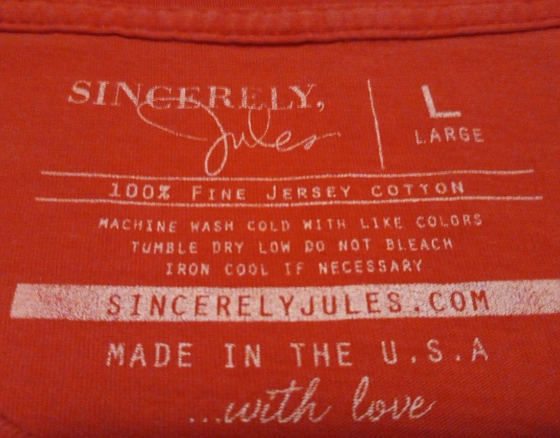 Women’s Large Baggy Fit Sincerely Jules Pink Dry Clean Only Spellout T Shirt Top