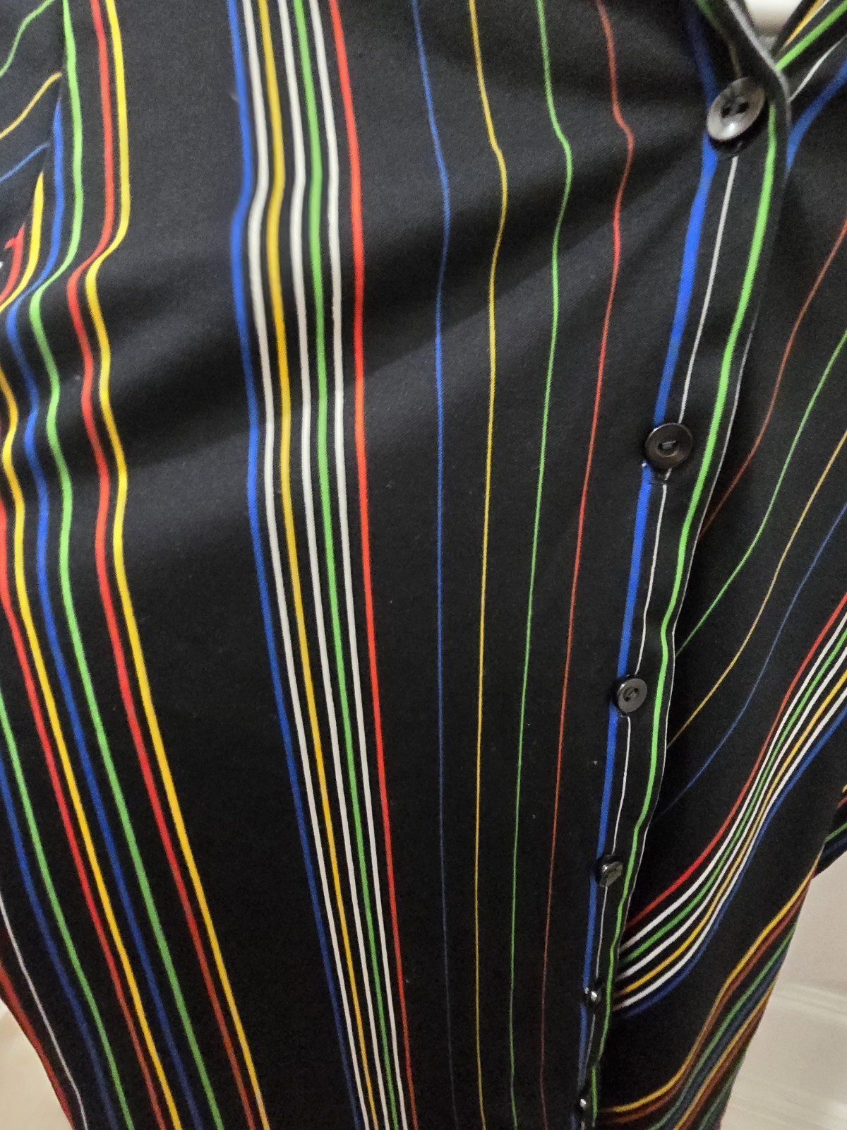 Vintage 1970s Styled by Sybil Mod Pinstripe Shirt Blouse Rainbow Black Button Up