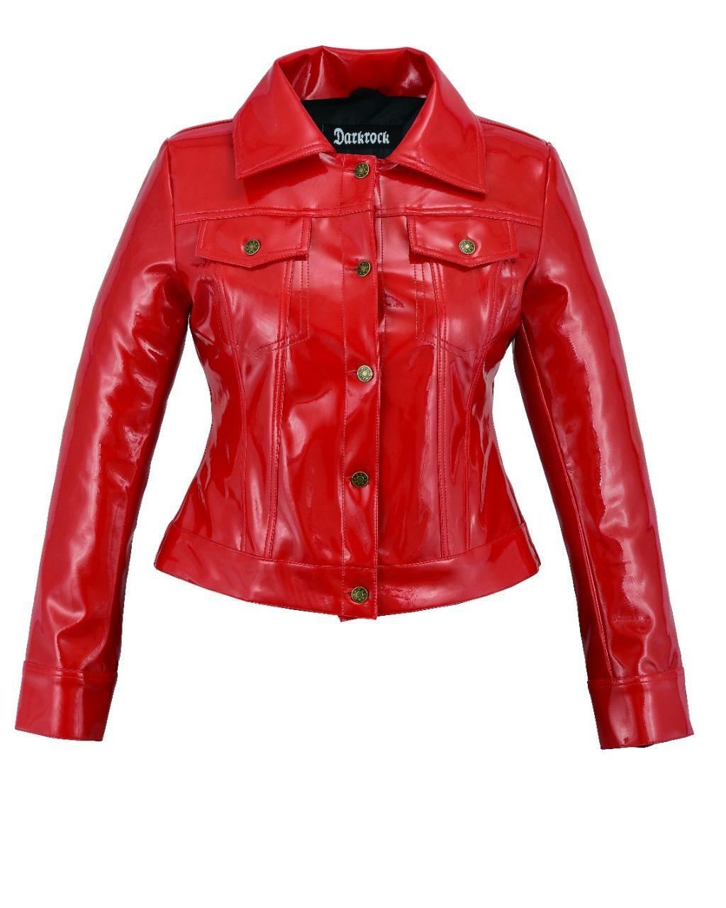 Vinyl Trucker Jacket Black/Red PVC Women’s Shiny PVC Vinyl Jacket/USA Seller
