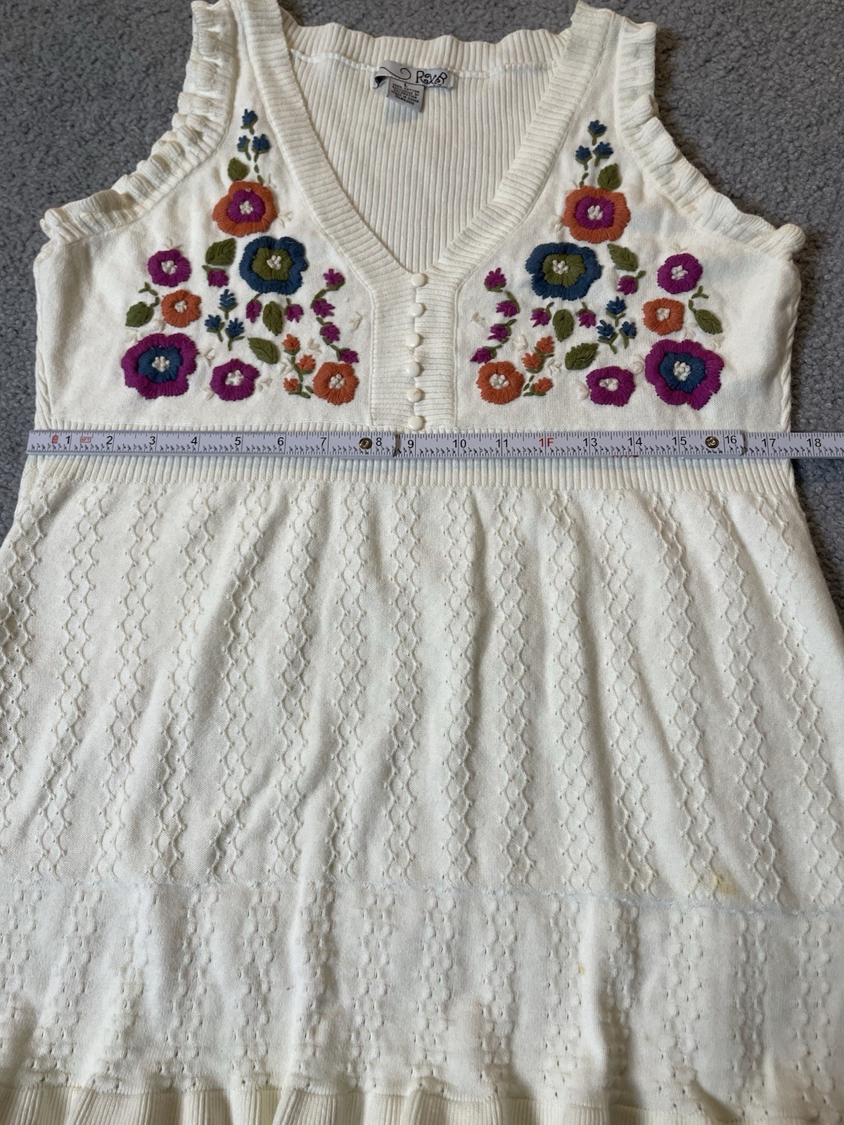 Y2K RXB Floral Embroidery A-Line Top L Orange Purple Knit Ruffles Buttons Boho