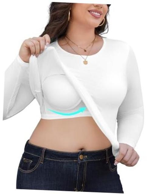 Plus Size Built in Bra Tops for Women Crewneck Long Sleeve 5X-Large Plus White