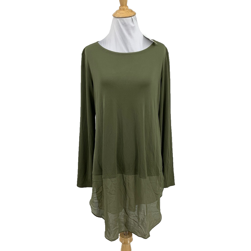 Eileen Fisher Tunic Top Womens M Medium Olive Silk Short Sleeve Bateau Neck