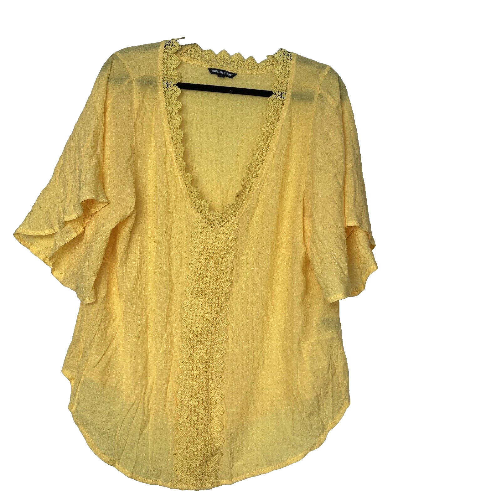 Unique Spectrum Shirts Blouse Women 1X Yellow Boho Gauzy Lace details Preppy