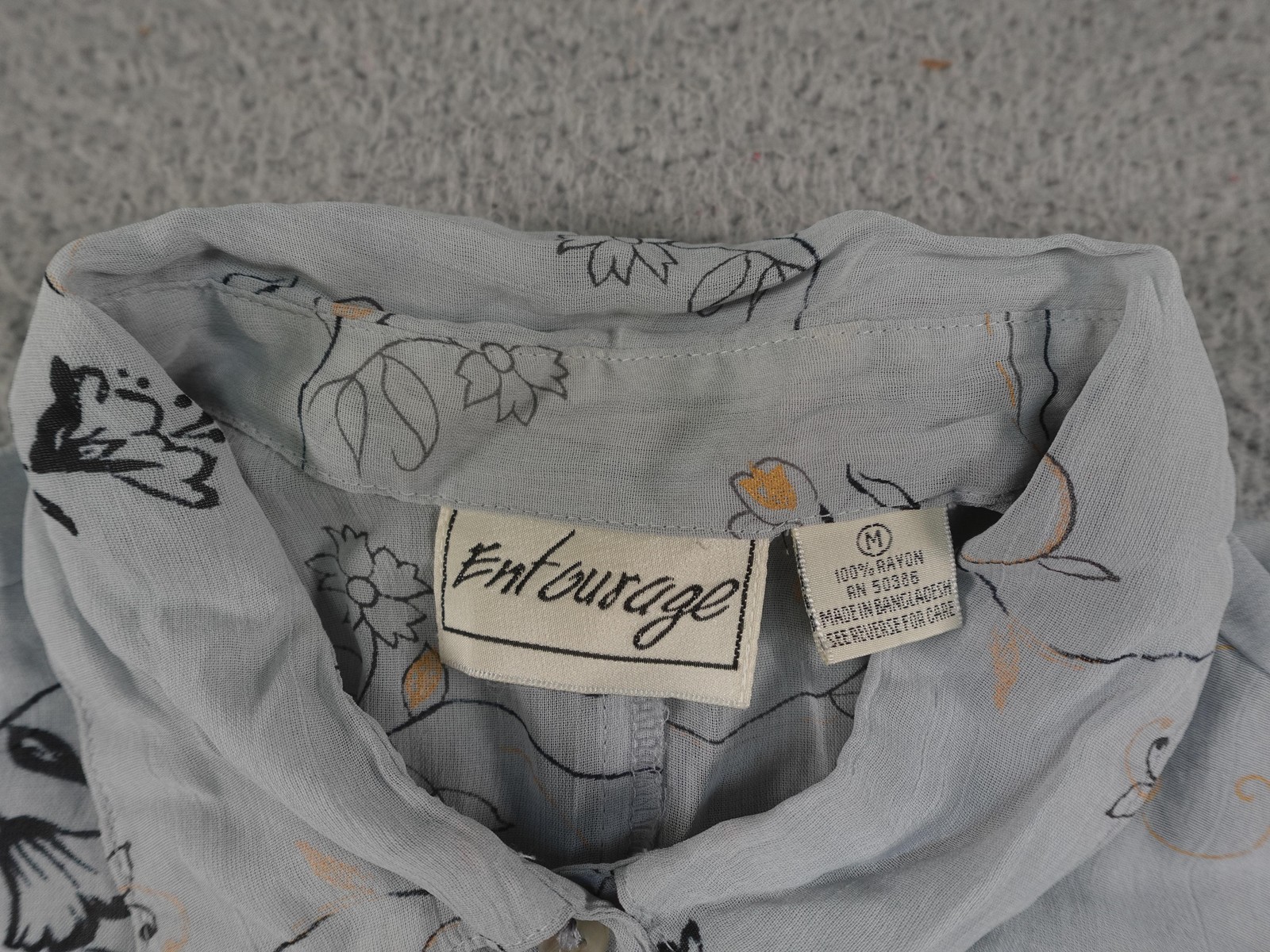 Vintage Sheer Shirt Womens Medium Gray Floral Button Front Tie Waist Lightweight
