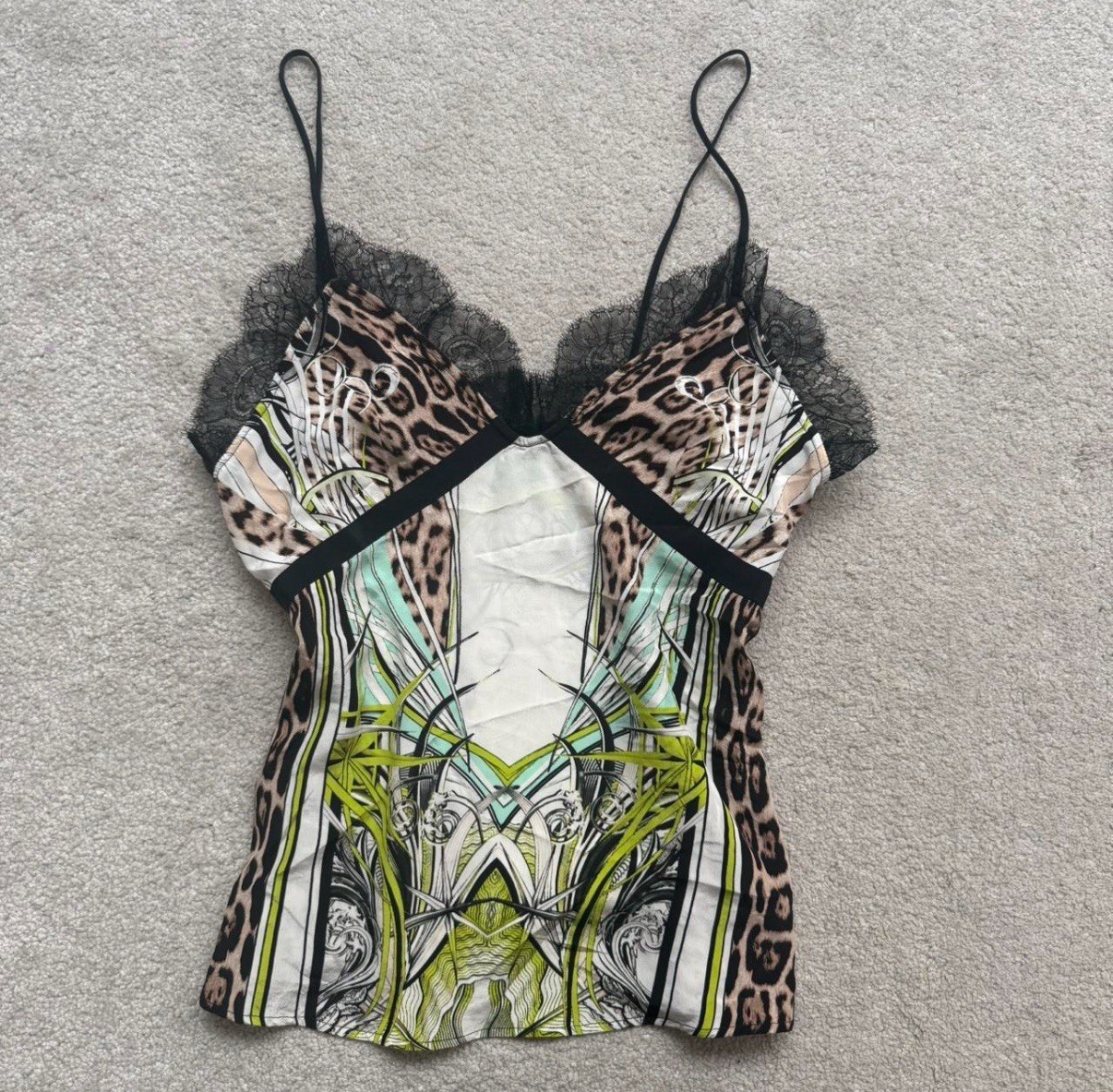 Roberto Cavalli 100% Silk Leopard, Florals And Lace Fairycore Cami Top