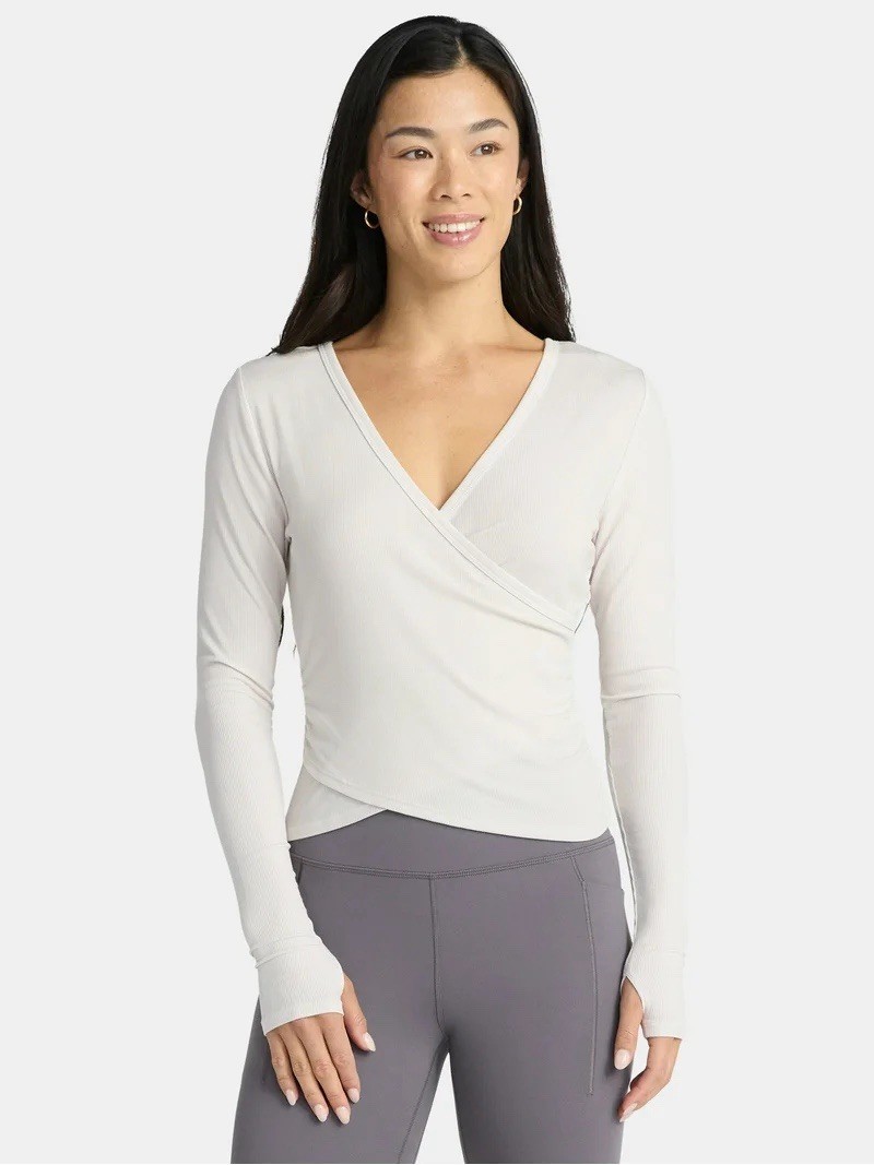 Avia Reversible Wrap Top – Cream – Long Sleeve Top – Size 3X – Thumb Holes