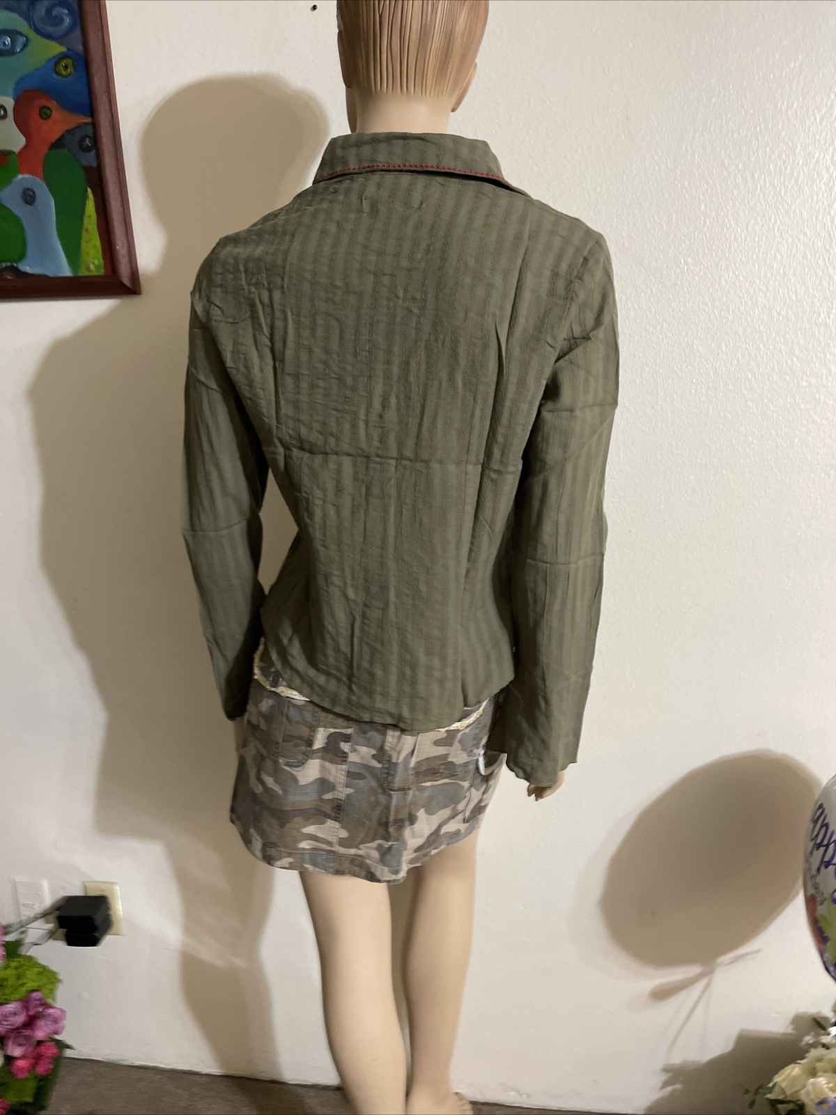 Forest green cotton casual buttons embroidered Size L long sleeve shirt Top