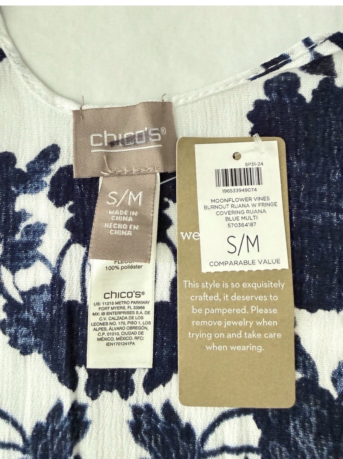 Chicos Moonflower Vines Burnout Ruana Kimono Size S M Blue White NWT 570364187