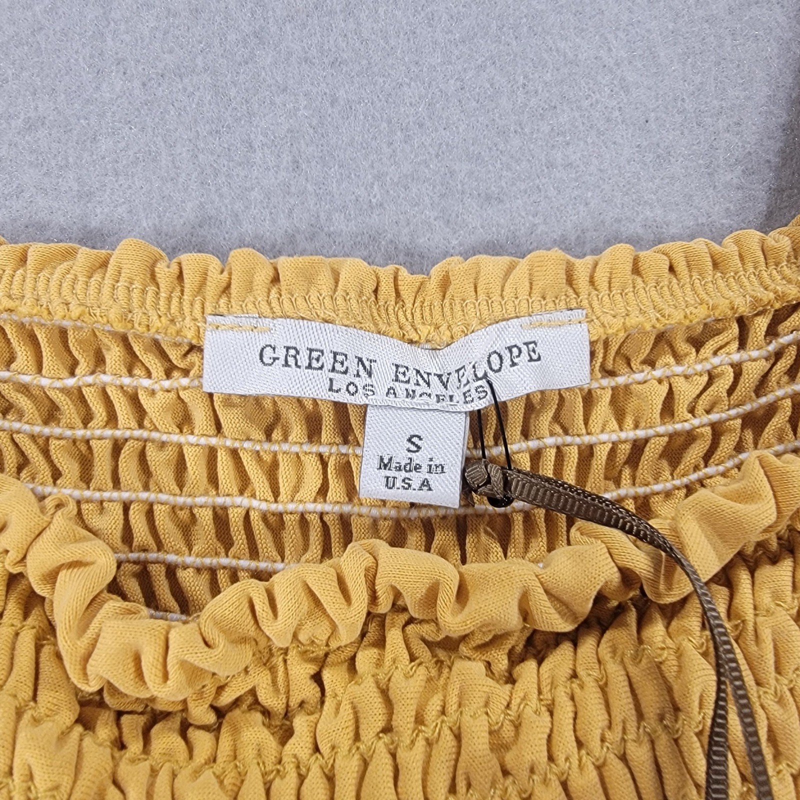 Green Envelope Anthropologie Tank Top Mustard Smocked Tie Strap Womens Small USA