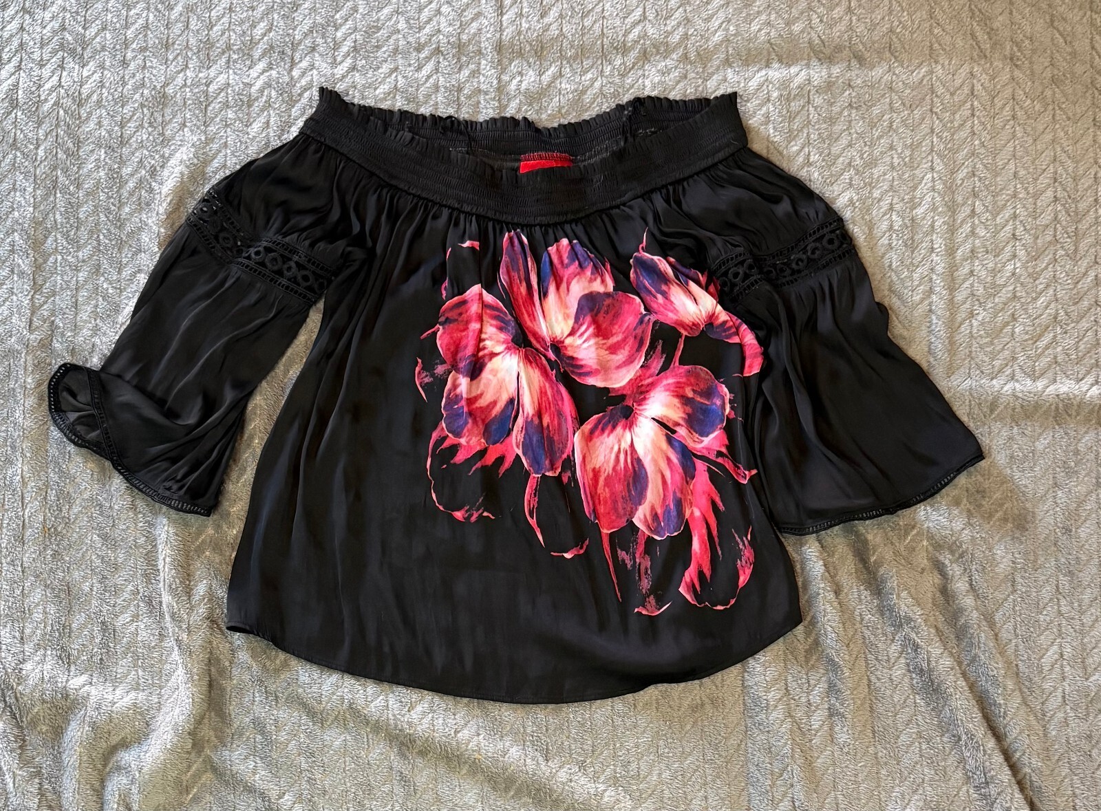 Jennifer Lopez Off-Shoulder Black Blouse with Pink Floral Print, Size M