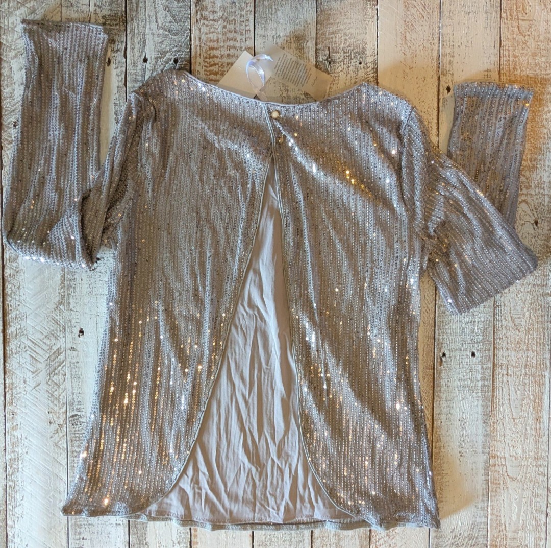 NWT GRACE KARIN Silver Sequin Round Neck Long Sleeve Blouse Size S