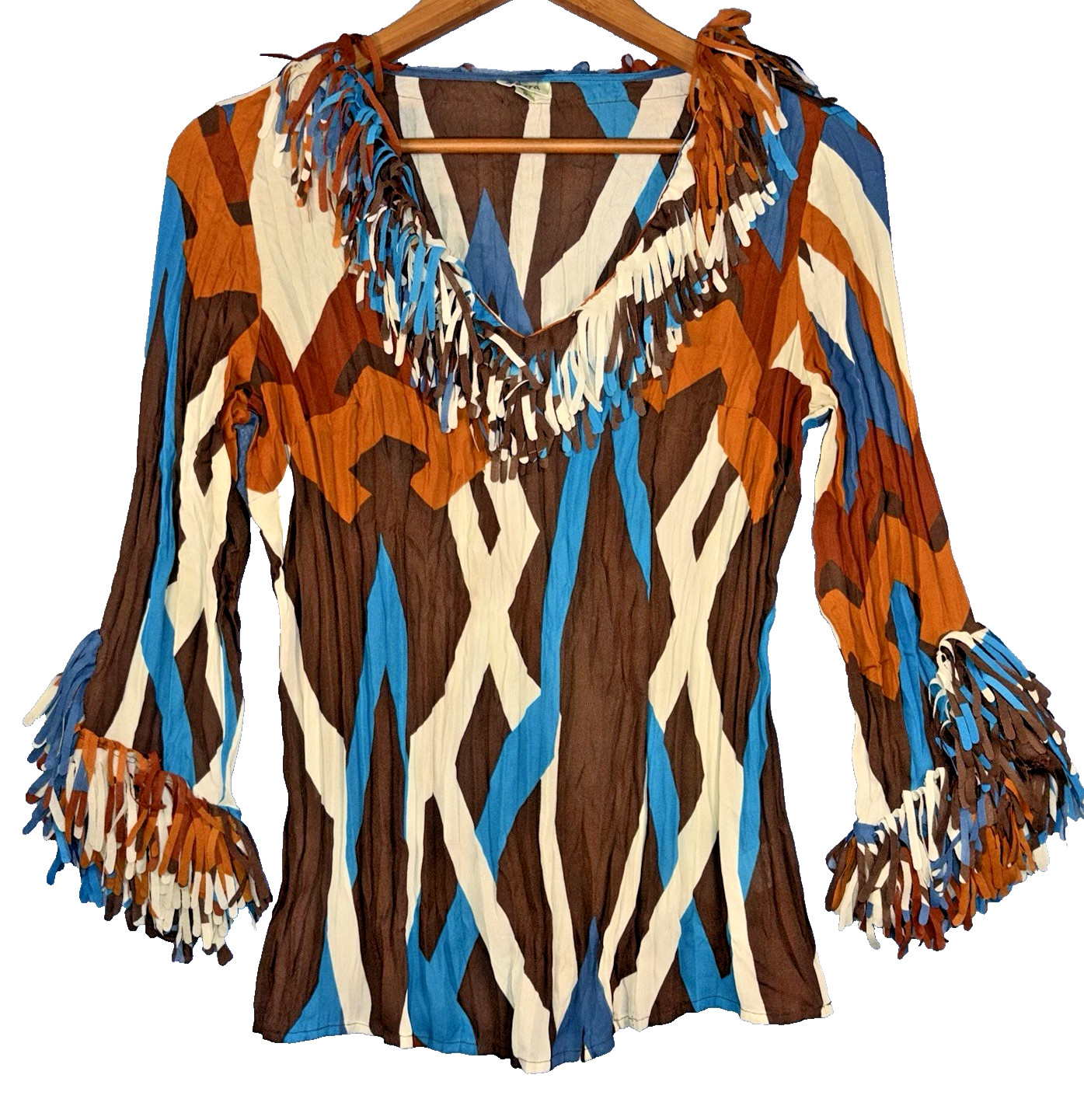 Agora Boho Fringe Top Womens Small Geometric Print Western Festival Y2K Blouse