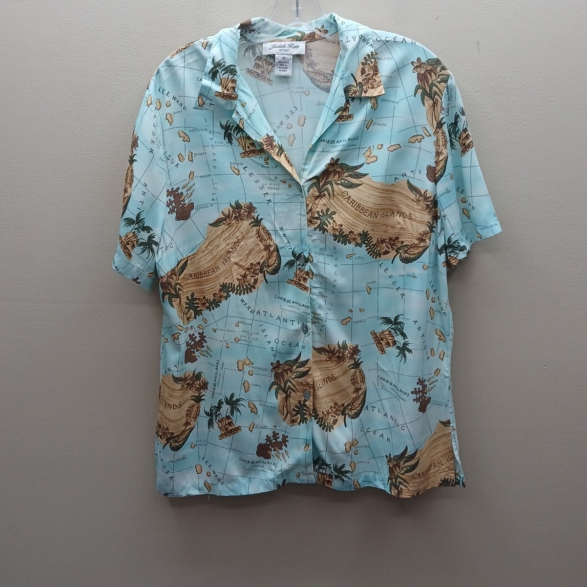 VTG Judith Hart Sport Tropical Caribbean Islands Button Down Shirt Top Blue 14
