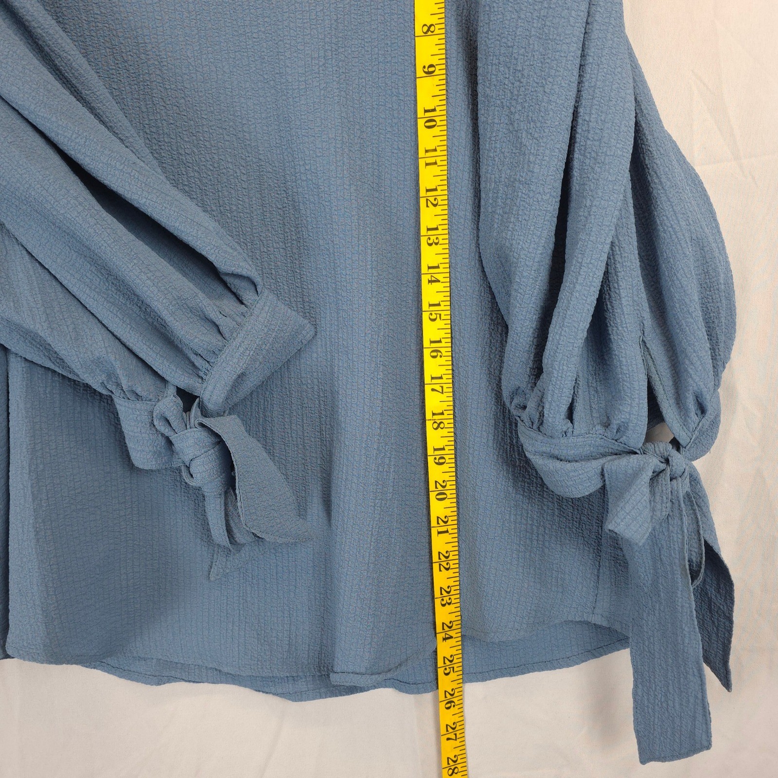 ZAC & RACHEL Blue Textured Puff Sleeve Tie Cuff Blouse Women L Workwear Chic