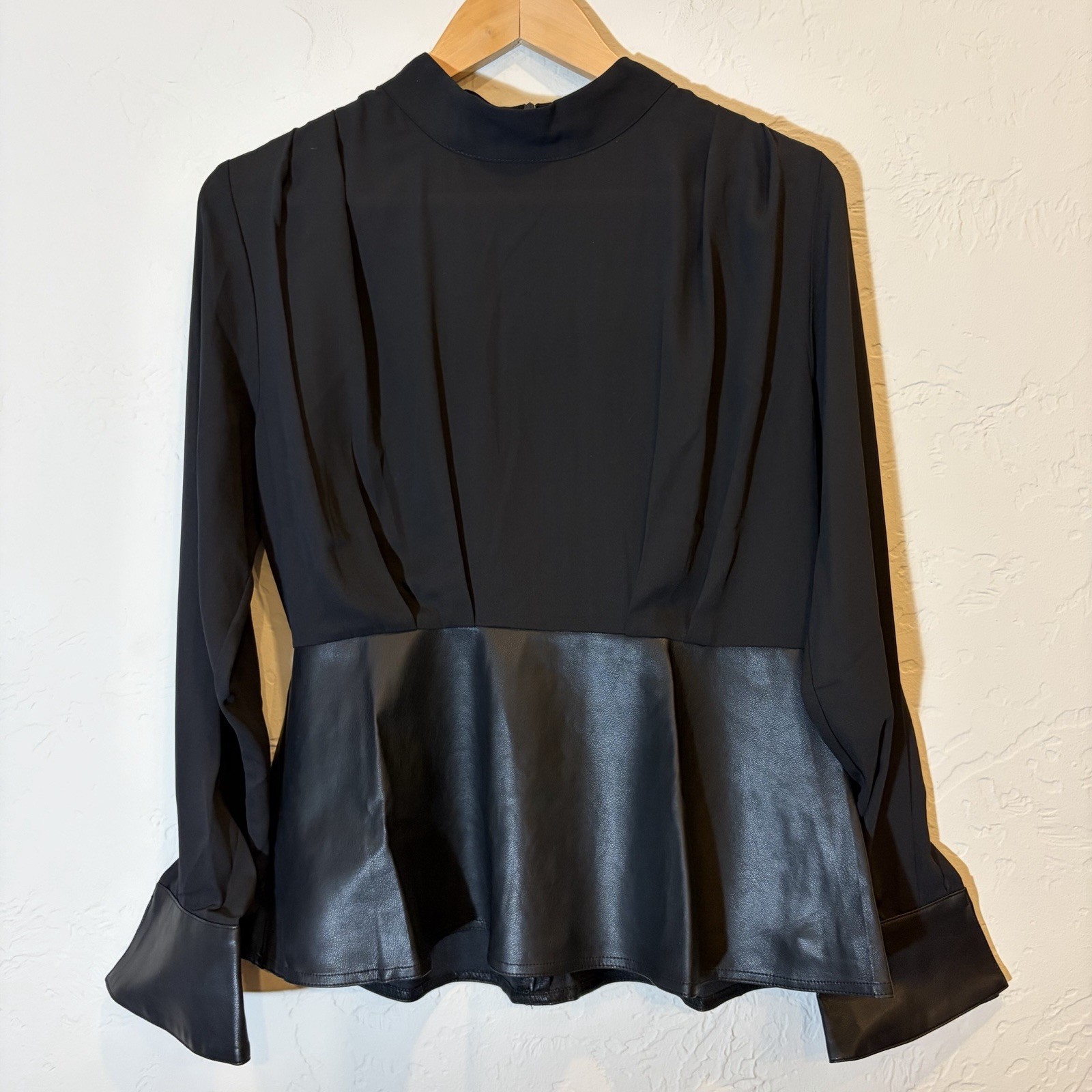 Gracia Black Faux Leather Peplum Blouse Bell Sleeve Mock Neck Top Size L