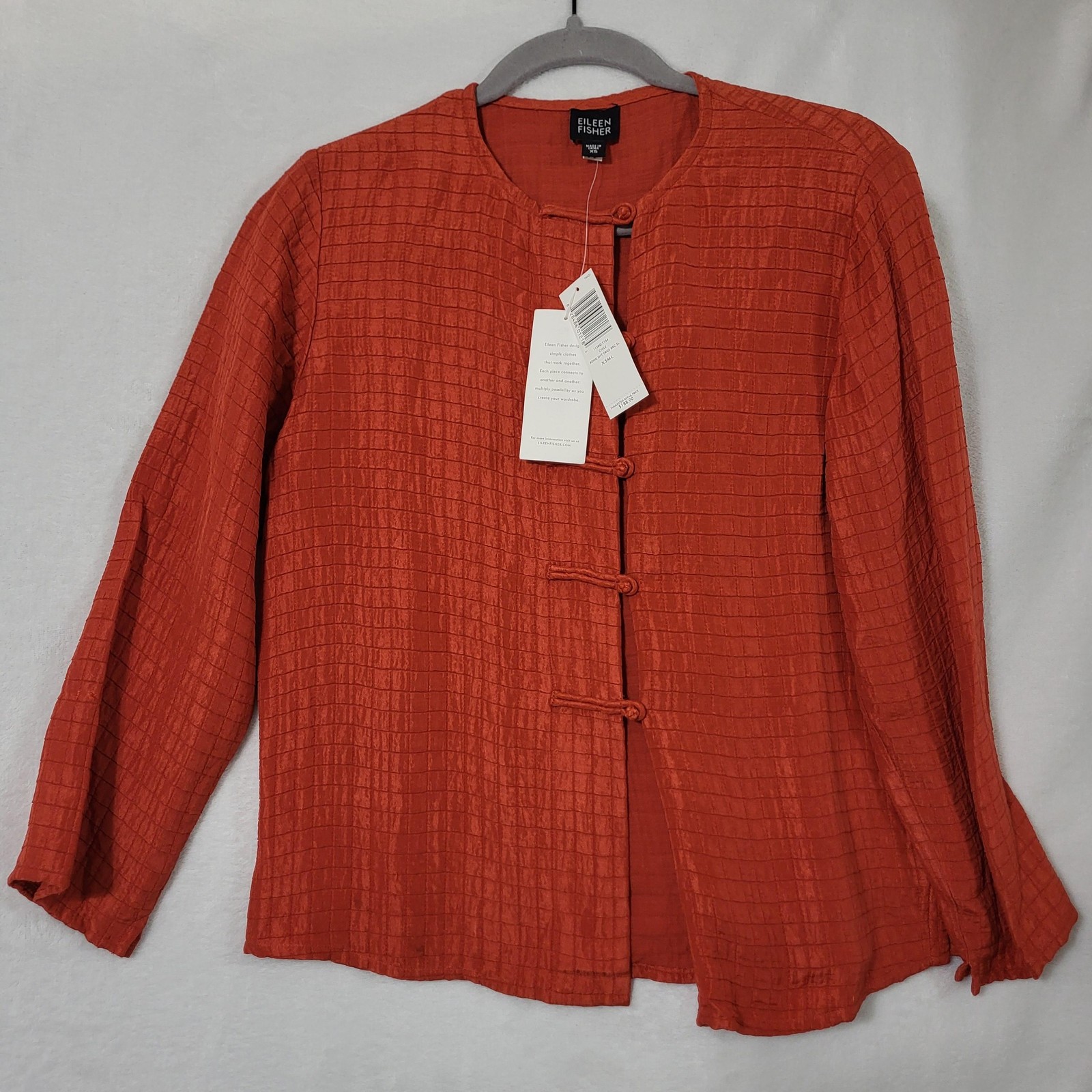 Eileen Fisher Shirt Womens XS Red Silk Linen Round Neck Frog Buttons Textured